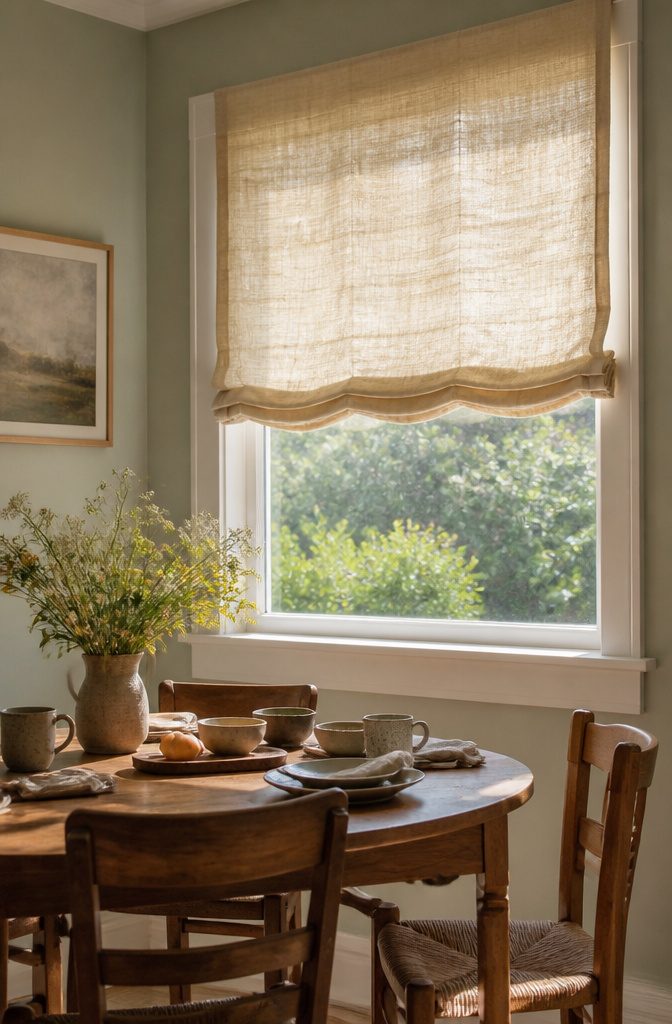 Natural Linen Roman Shades: Styles, Weaves and Mounting 6 Relaxed Roman shades in a cozy dining area with rustic decor.