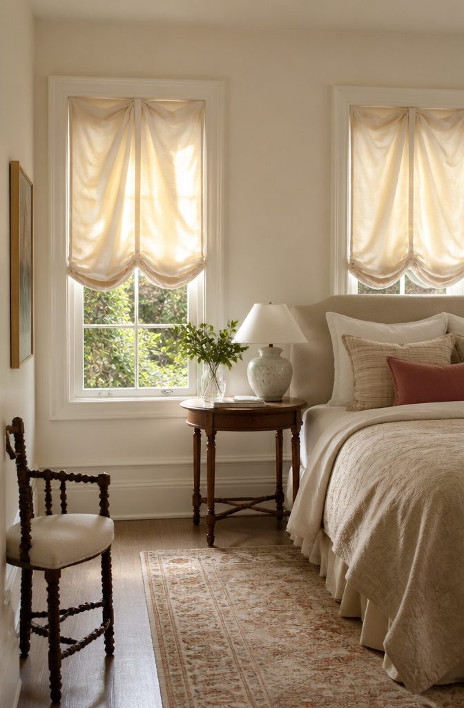 Natural Linen Roman Shades: Styles, Weaves and Mounting 7 Tulip Roman shades with a flower-like shape in a cozy guest room.