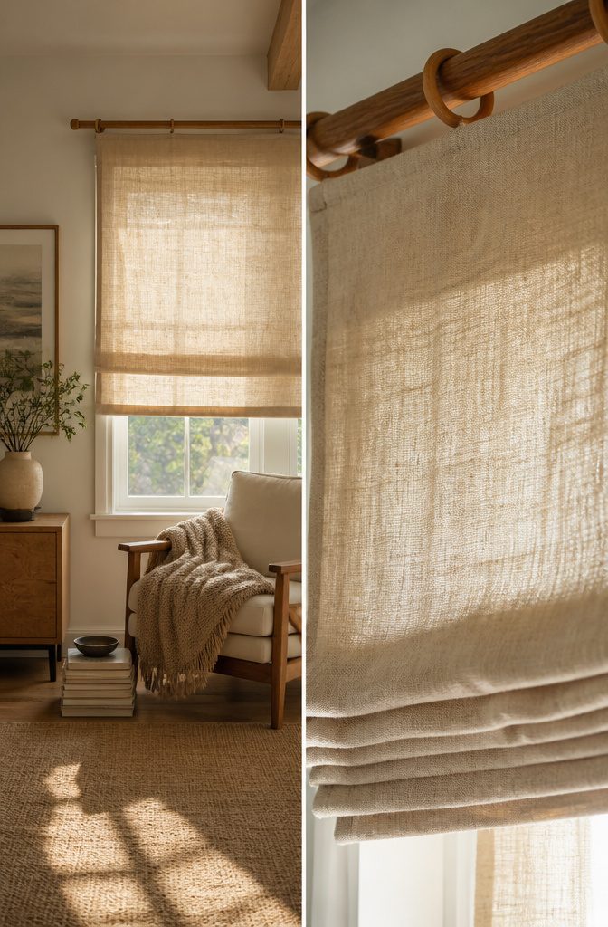Natural Linen Roman Shades: Styles, Weaves and Mounting 14 Wrinkled linen Roman shades hanging in a bright room.