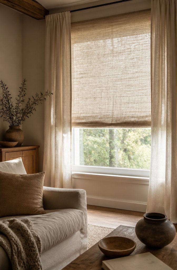 Natural Linen Roman Shades: Styles, Weaves and Mounting 2 Natural linen Roman shades in a cozy living area with wooden accents.