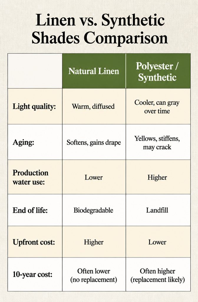 Natural Linen Roman Shades: Styles, Weaves and Mounting 15 Comparison of natural linen and synthetic Roman shades.
