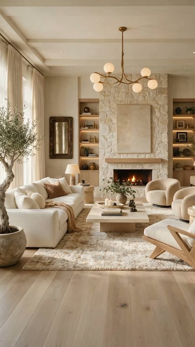 Oak Living Room Ideas: 9 Looks for Floors, Beams, Trim 8 Modern living room featuring light oak floors, stone fireplace, and layered neutral textiles.