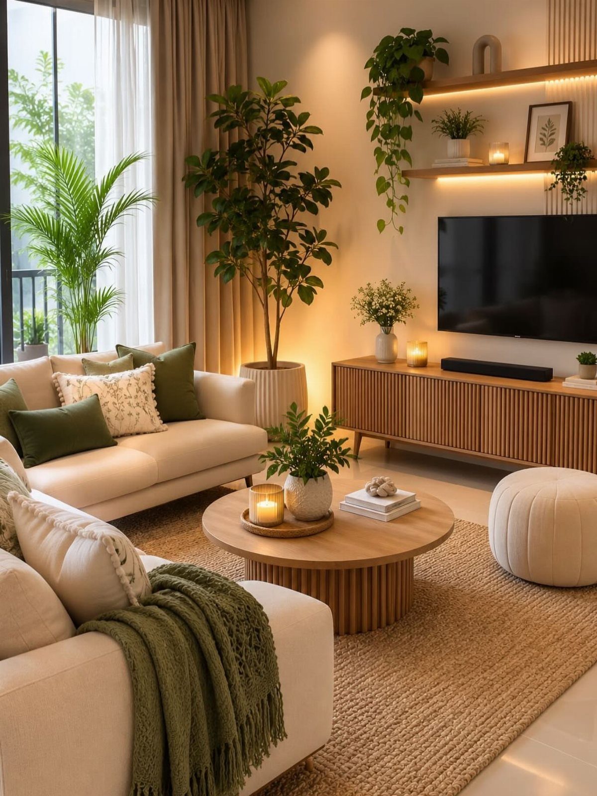 Oak Living Room Ideas: 9 Looks for Floors, Beams, Trim 10 Modern living room with light oak furniture, cream sofas, and lush green plants.