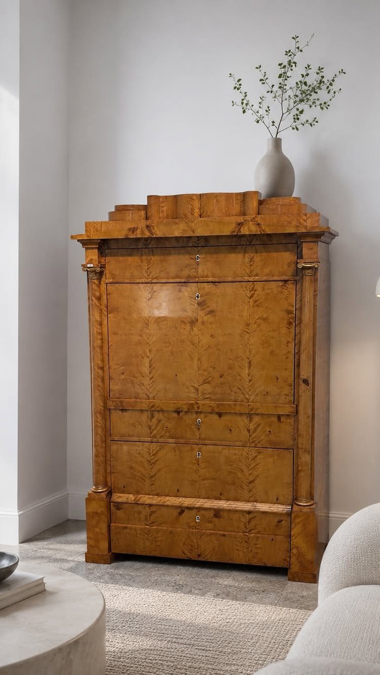 Biedermeier secretary desk with light brown figured wood veneer against a white wall.