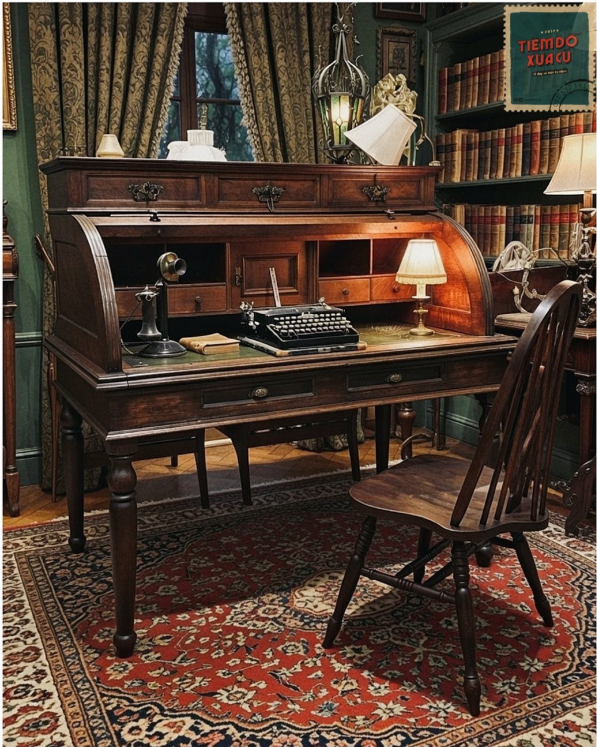 Cylinder roll-top secretary desk with typewriter and lamp on a red patterned rug.