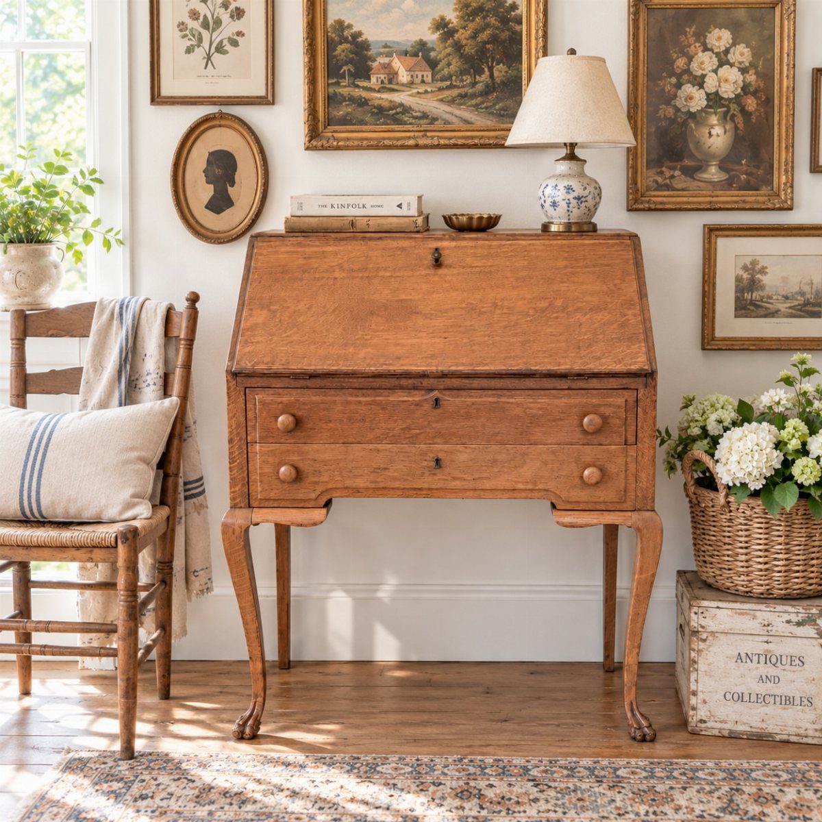 Antique wooden slant-front secretary desk with curved legs in a classic room setting.