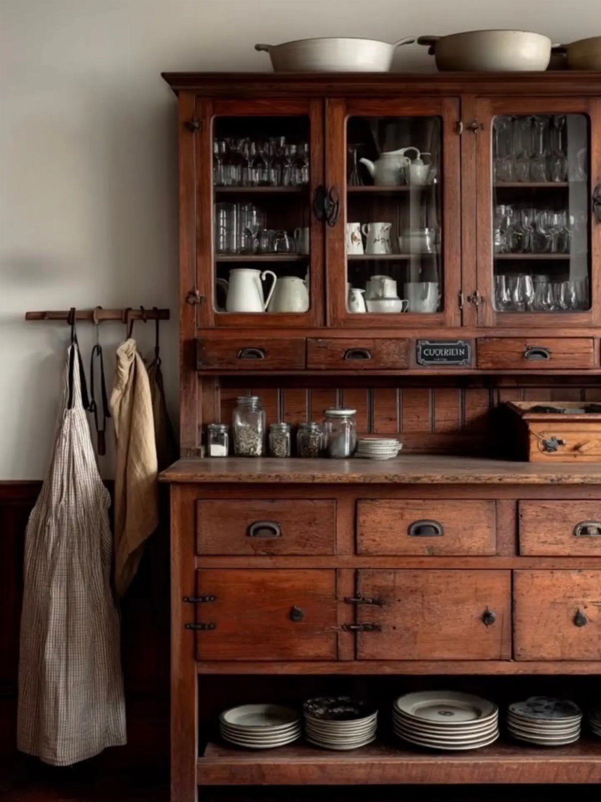 Dark brown wooden hutch with glass cabinets and drawers in a rustic kitchen.