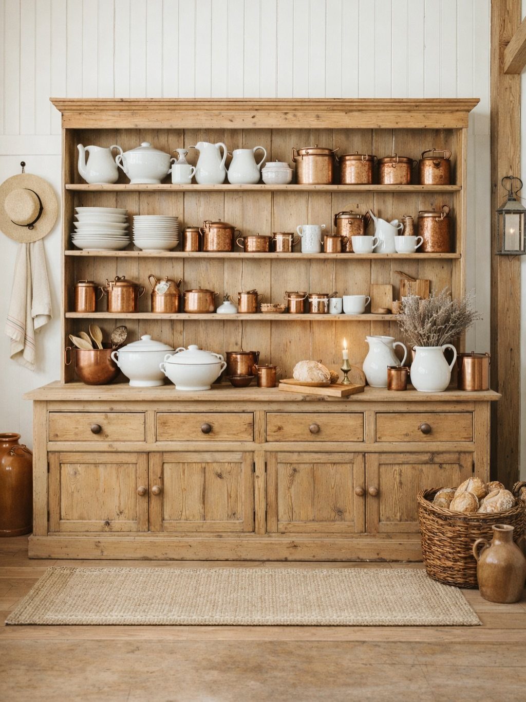 Natural wood hutch with open shelves holding copper pots and white ceramics.