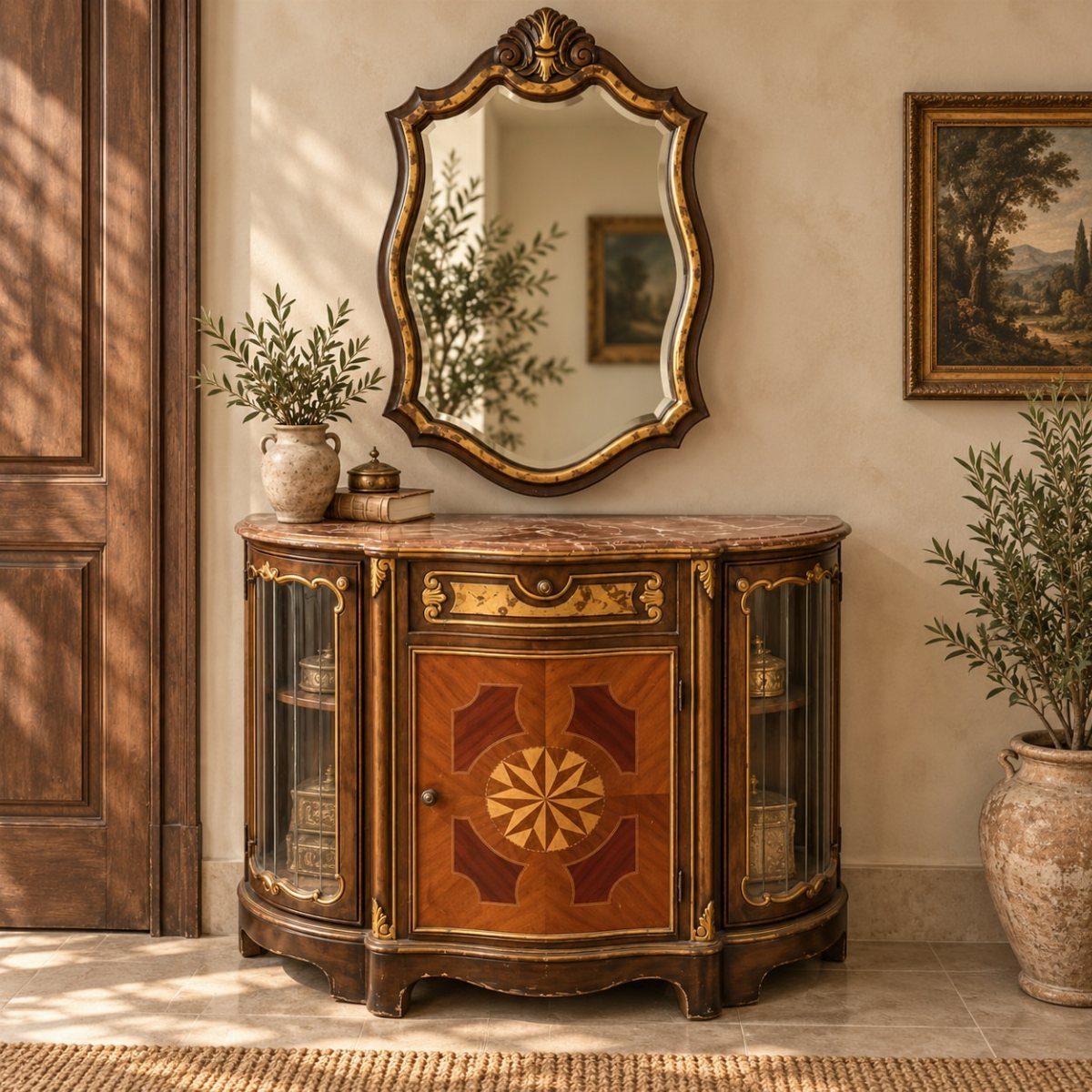 Ornate French Louis XV style wood hutch with marble top and gold accents.