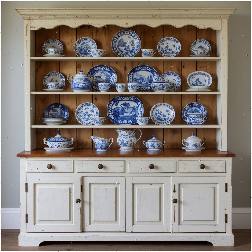 White wooden hutch with open shelves displaying a collection of blue and white ceramics.