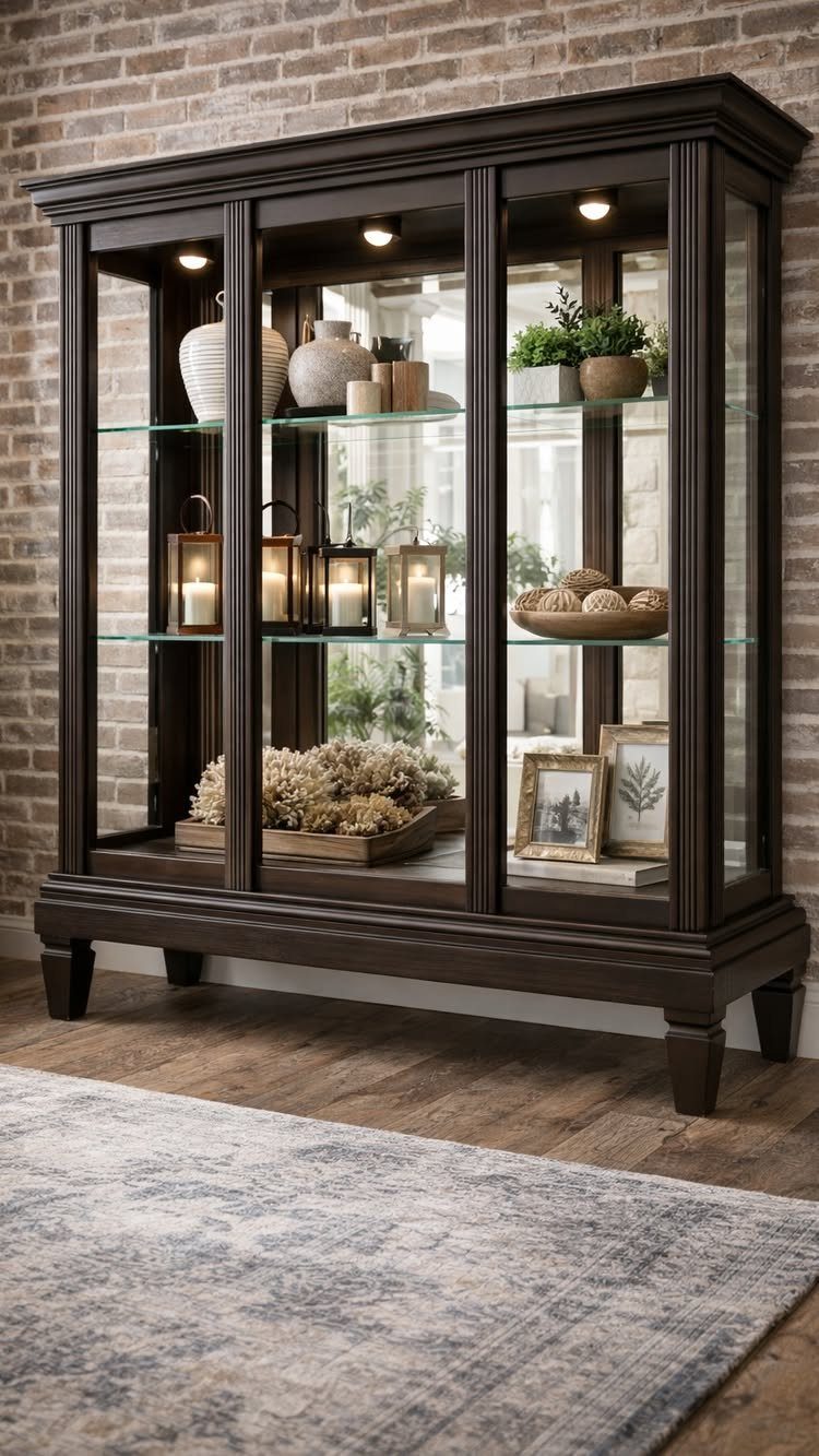 Dark brown wooden hutch with glass doors and a mirrored back panel display area.