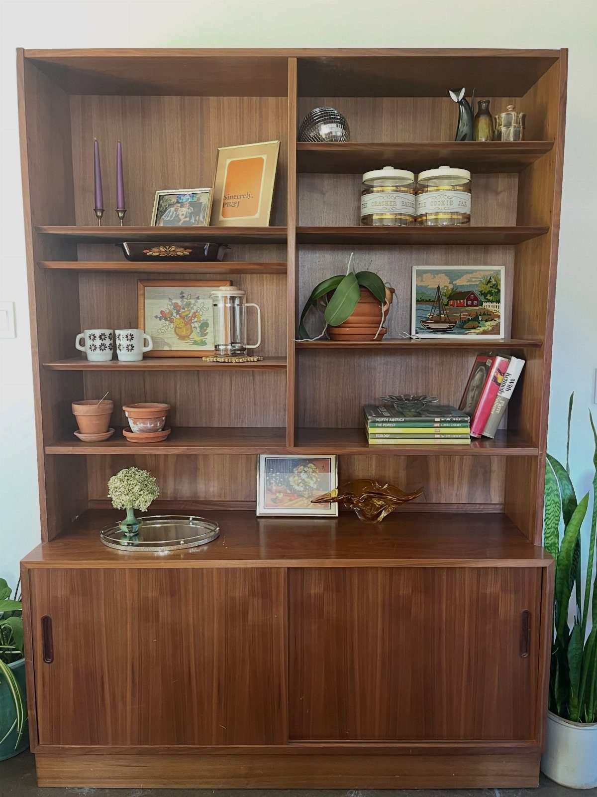 Walnut wood hutch with open shelving and a sliding-door server cabinet base.