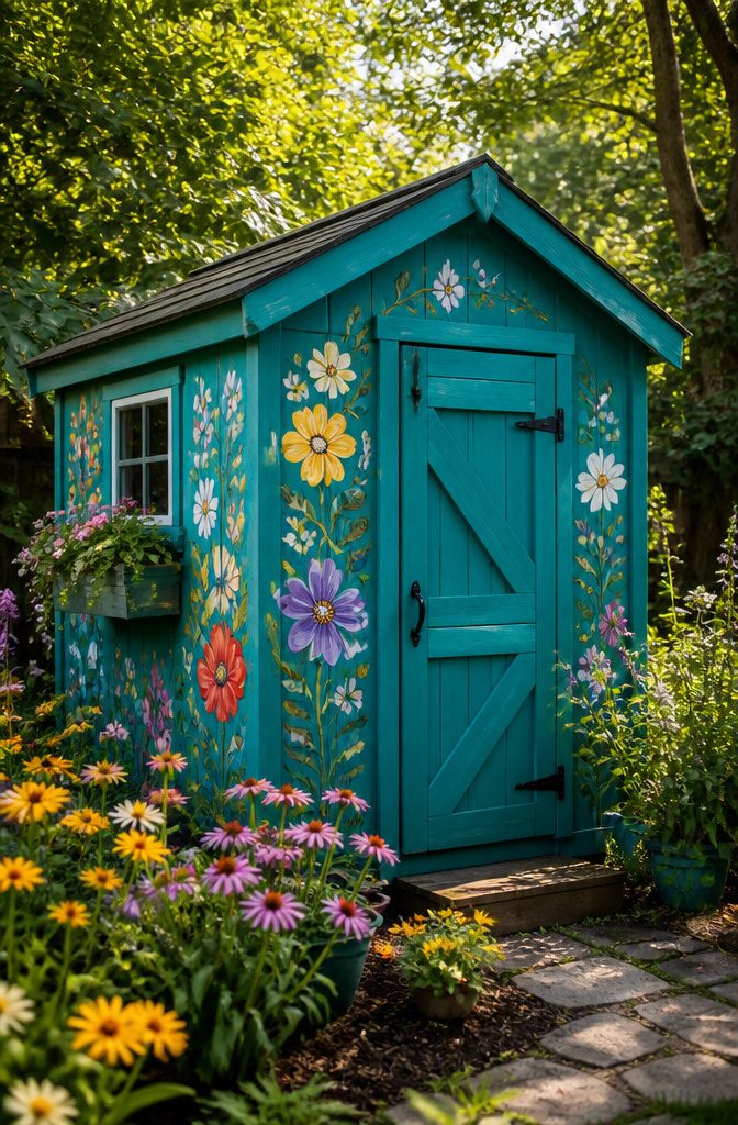 Outdoor Storage Shed Ideas for Every Yard in 2026 9 A brightly painted shed with artistic designs in a yard.