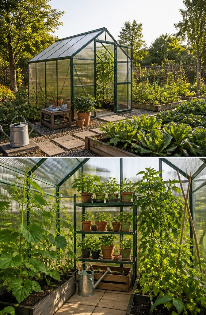 Outdoor Storage Shed Ideas for Every Yard in 2026 5 A greenhouse shed made with polycarbonate panels for plant growth.