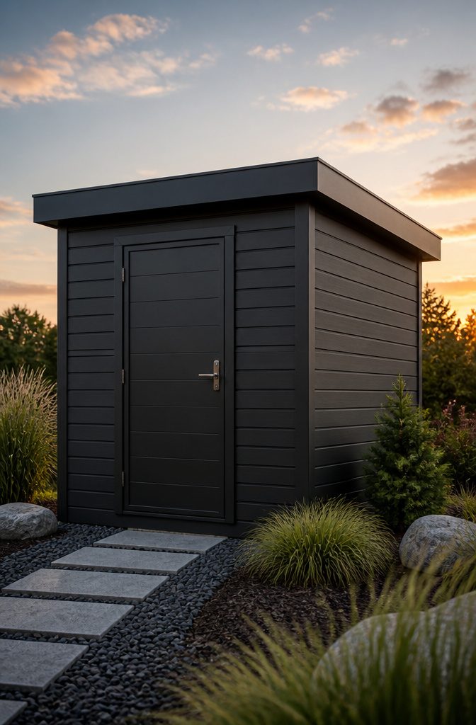 Outdoor Storage Shed Ideas for Every Yard in 2026 7 A contemporary outdoor shed with a flat roof and modern design.