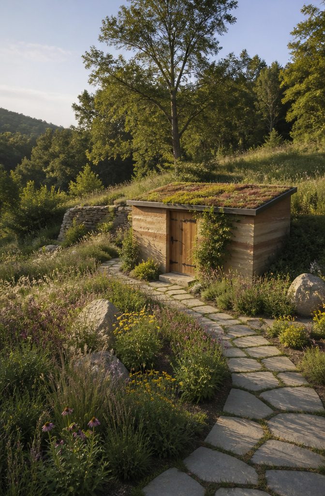 Outdoor Storage Shed Ideas for Every Yard in 2026 8 A shed with a green living roof covered in soil and plants.