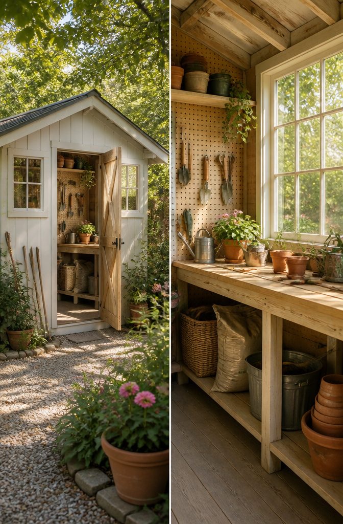 Outdoor Storage Shed Ideas for Every Yard in 2026 3 An organized potting shed with a workbench and tools on the wall.