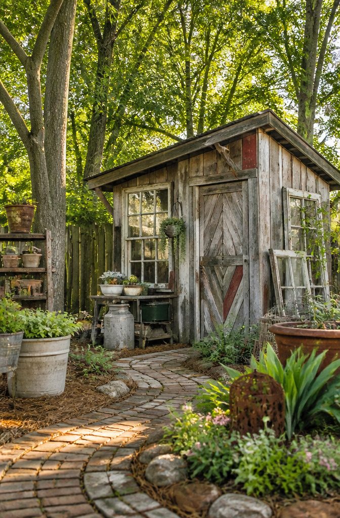 Outdoor Storage Shed Ideas for Every Yard in 2026 6 A shed built from reclaimed barn siding and windows in a garden.
