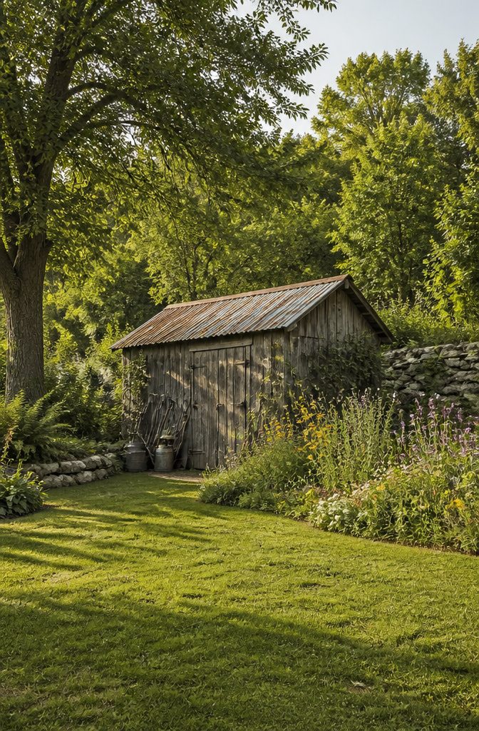 Outdoor Storage Shed Ideas for Every Yard in 2026 2 A rustic outdoor storage shed made of weathered wood and metal.