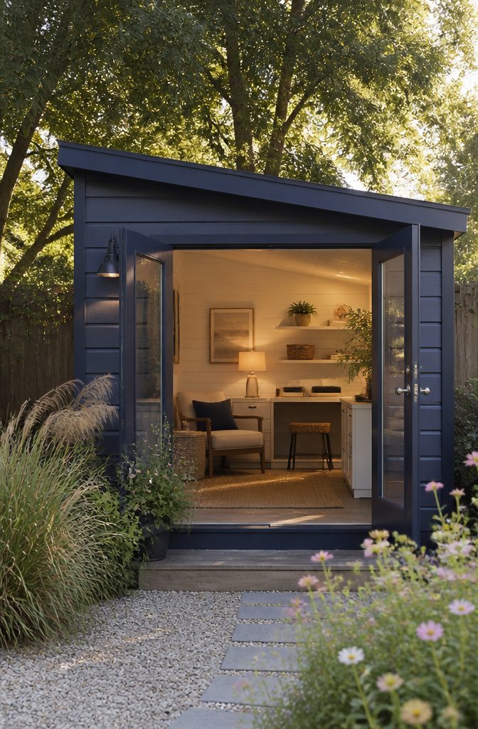 Outdoor Storage Shed Ideas for Every Yard in 2026 4 A modern she-shed with a lean-to roof surrounded by tall grasses.