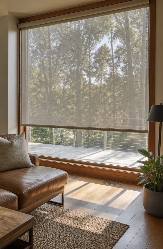 Elegant living room with a light gray solar screen shade over a window.