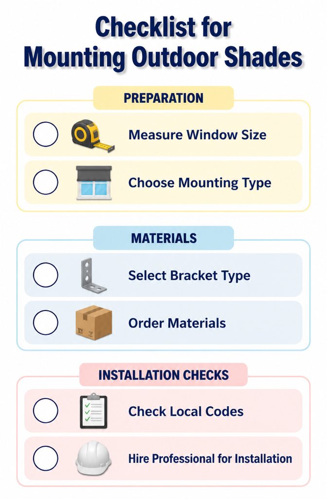 Checklist for mounting outdoor shades with various installation options.