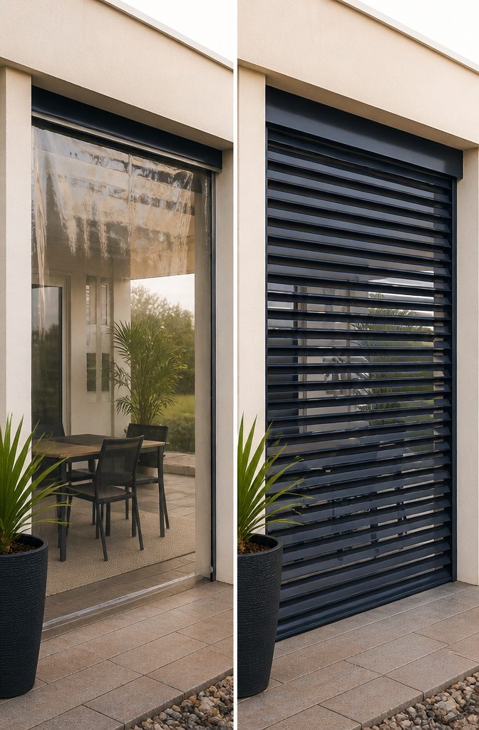 Slatted outdoor blinds closed to block the view from the street.