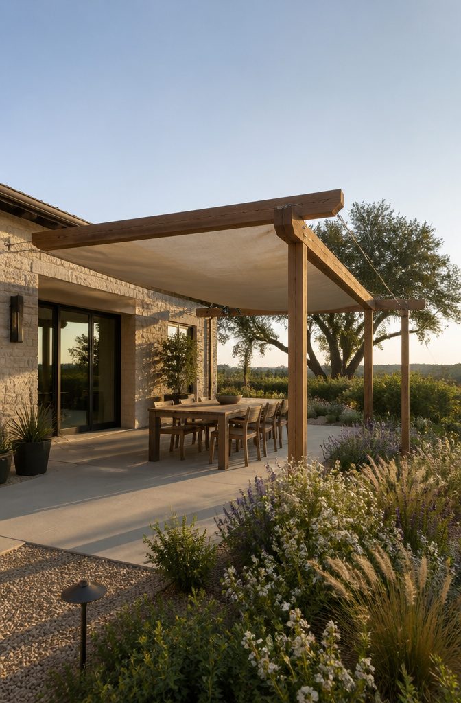 Overhead patio shades providing shade over a deck area.