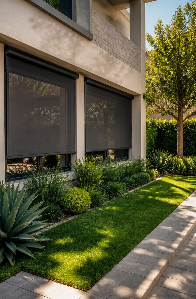 Close-up of solar screen fabric designed for exterior mounting.