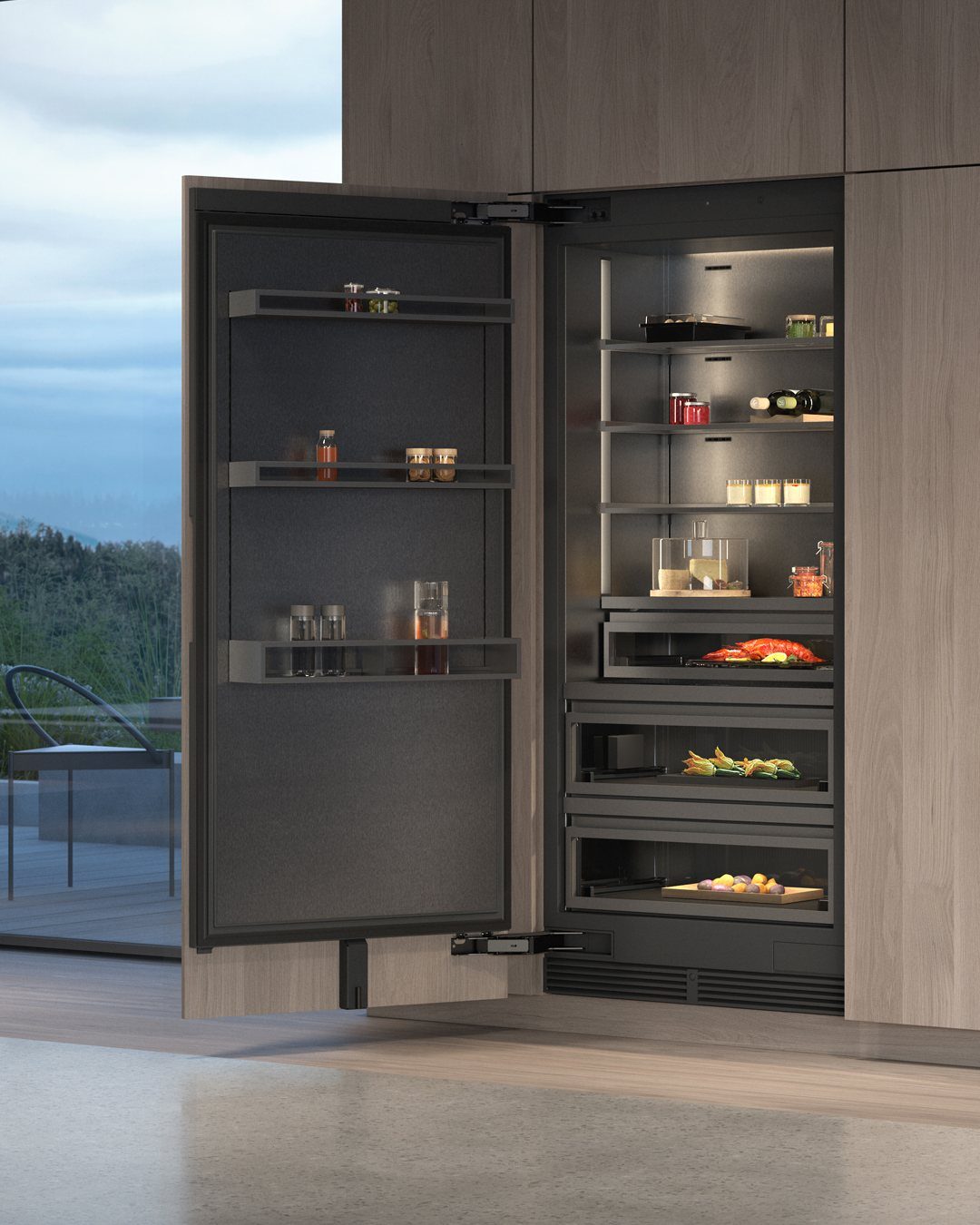 Integrated refrigerator built into grey wood cabinetry with open doors showing interior storage.