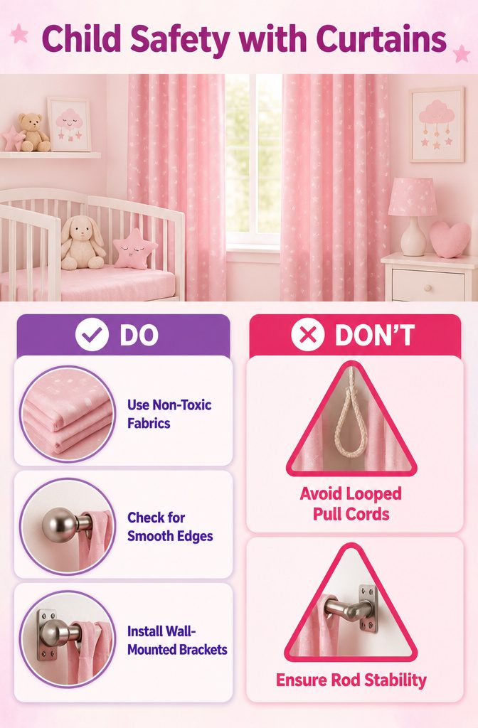 Pink Starry Curtains in Bedroom: Sizes, Hanging Styles and Fabric Care 14 Information image on child safety with curtains.
