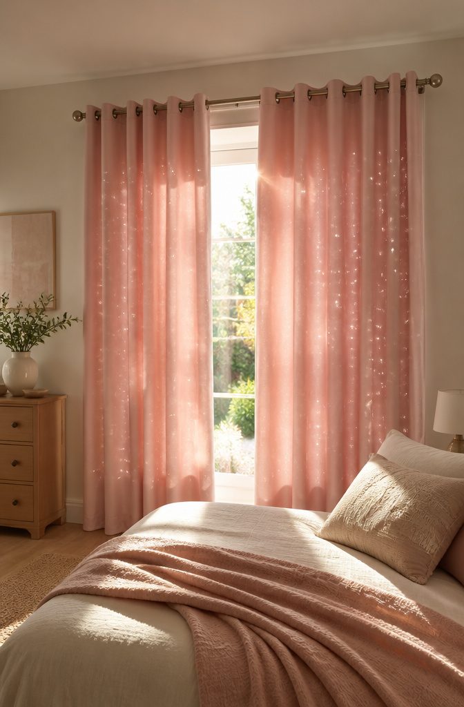 Pink Starry Curtains in Bedroom: Sizes, Hanging Styles and Fabric Care 2 Pink starry curtains elegantly framing a window in a softly lit bedroom.