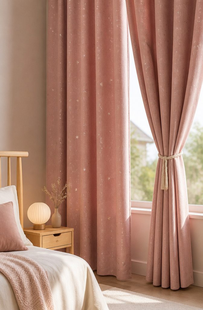 Pink Starry Curtains in Bedroom: Sizes, Hanging Styles and Fabric Care 10 Custom Japanese thicken cotton linen blockout curtains in a bedroom.