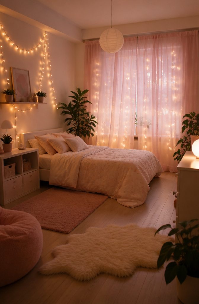 Pink Starry Curtains in Bedroom: Sizes, Hanging Styles and Fabric Care 13 Pink starry curtains with fairy lights creating star shapes.