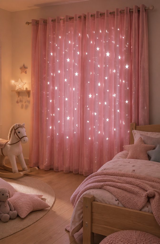 Pink Starry Curtains in Bedroom: Sizes, Hanging Styles and Fabric Care 7 Double-layer pink star blackout curtains with a sheer overlay.