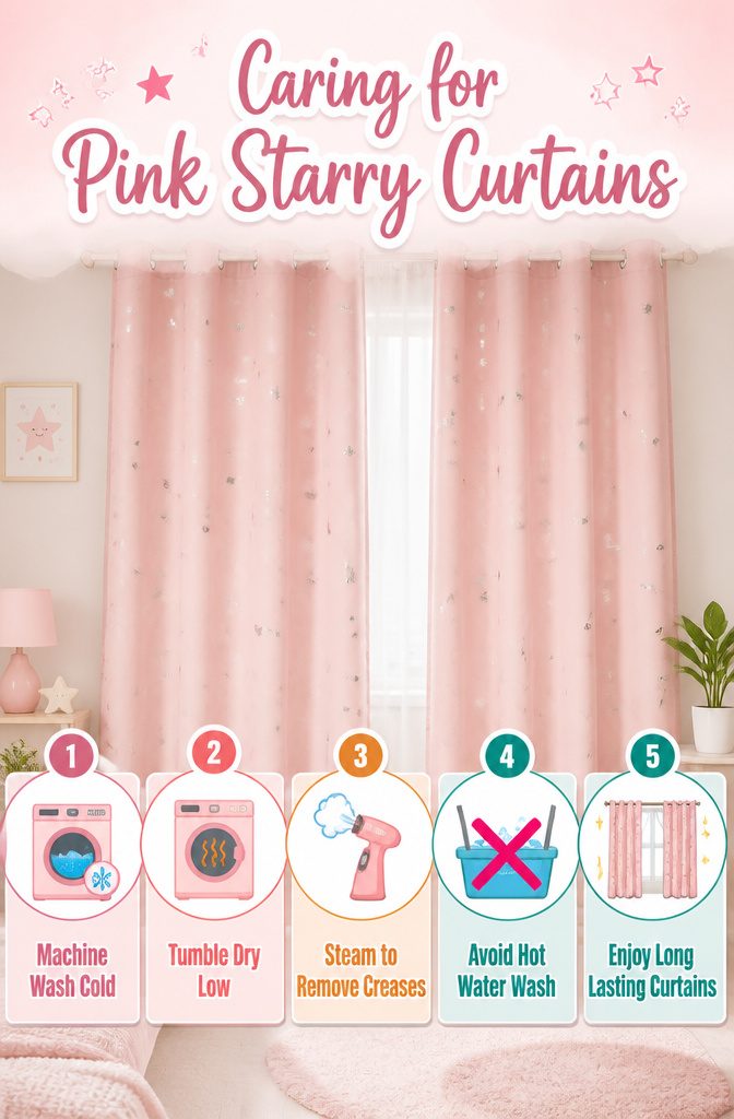 Pink Starry Curtains in Bedroom: Sizes, Hanging Styles and Fabric Care 6 Information image on caring for pink starry curtains.