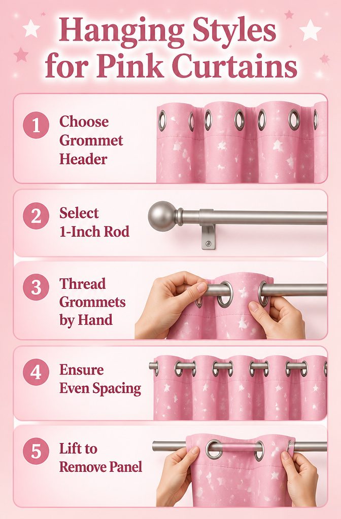 Pink Starry Curtains in Bedroom: Sizes, Hanging Styles and Fabric Care 3 Information image showing grommet headers for pink starry curtains.