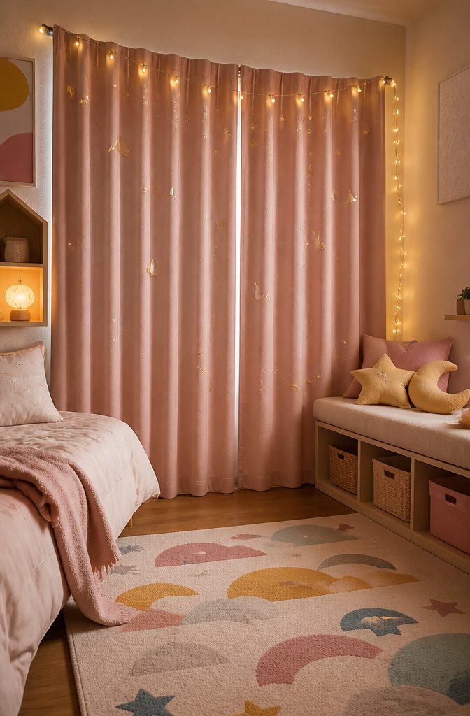 Pink Starry Curtains in Bedroom: Sizes, Hanging Styles and Fabric Care 8 Kids star and moon embroidered curtains in a colorful children's room.