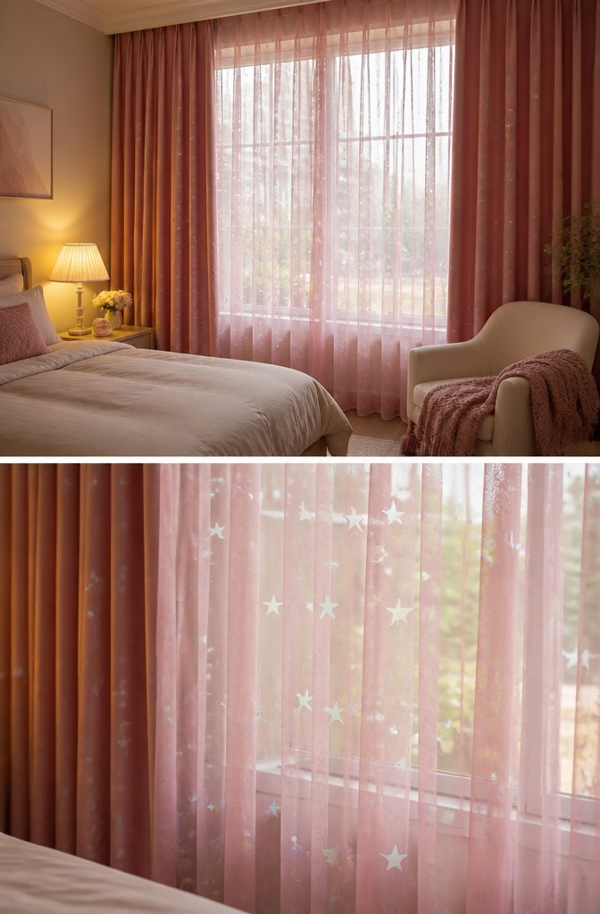 Pink Starry Curtains in Bedroom: Sizes, Hanging Styles and Fabric Care 5 Sheer tulle layered over blackout pink starry curtains.