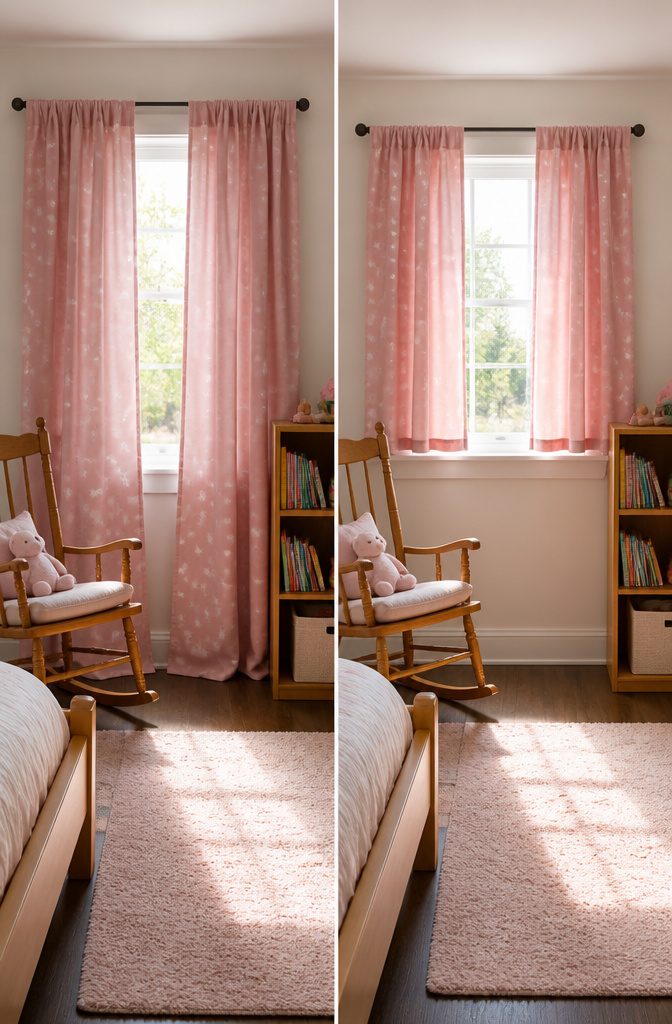 Pink Starry Curtains in Bedroom: Sizes, Hanging Styles and Fabric Care 4 Floor-length and sill-length pink starry curtains in a bedroom.