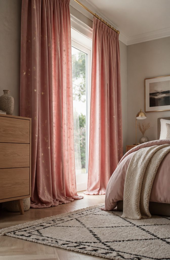 Pink Starry Curtains in Bedroom: Sizes, Hanging Styles and Fabric Care 11 Nordic simple modern velvet embroidery curtains in a bedroom.