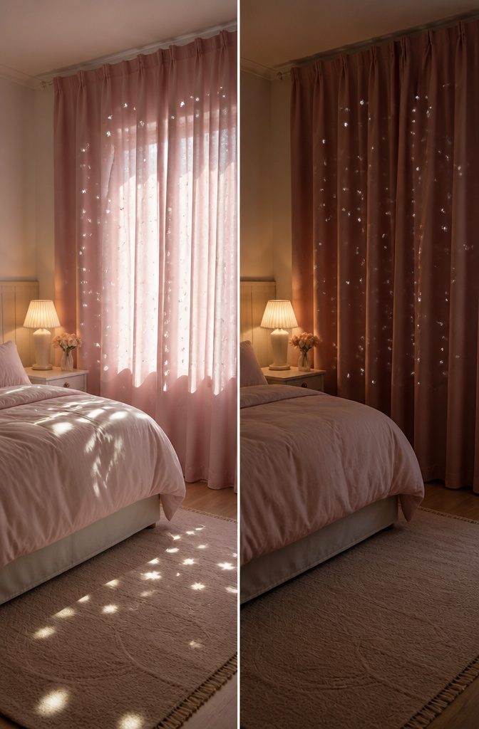 Pink Starry Curtains in Bedroom: Sizes, Hanging Styles and Fabric Care 15 Pink starry curtains with cutouts in a bedroom setup.
