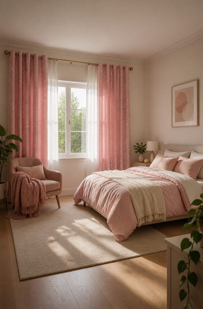 Pink Starry Curtains in Bedroom: Sizes, Hanging Styles and Fabric Care 9 Double-layer thermal insulated cotton linen drapes in a bedroom.