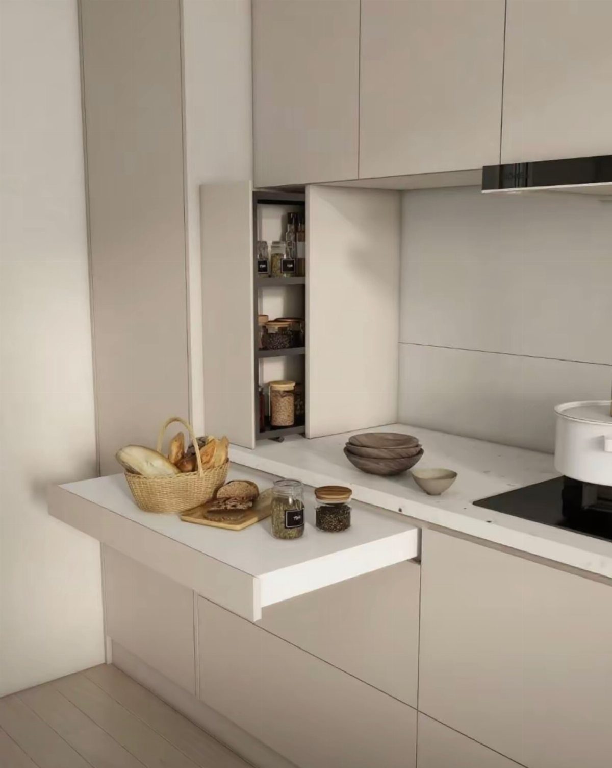 Pull Out Counter Ideas: 8 Ways to Add Kitchen Work Space 2 Pull-out countertop extension in a white kitchen with a bread basket and jars.