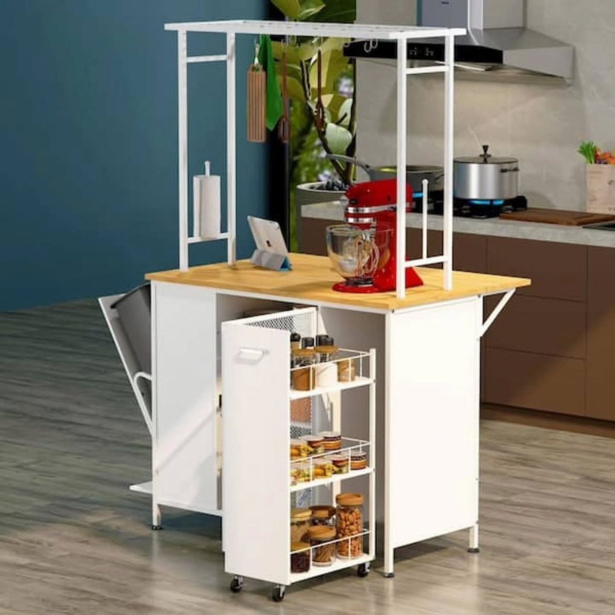 Pull Out Counter Ideas: 8 Ways to Add Kitchen Work Space 6 White rolling kitchen cart with wooden top and pull-out spice rack in a kitchen