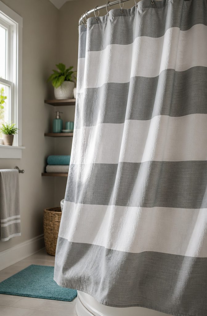 A rental bathroom featuring a textured striped shower curtain.