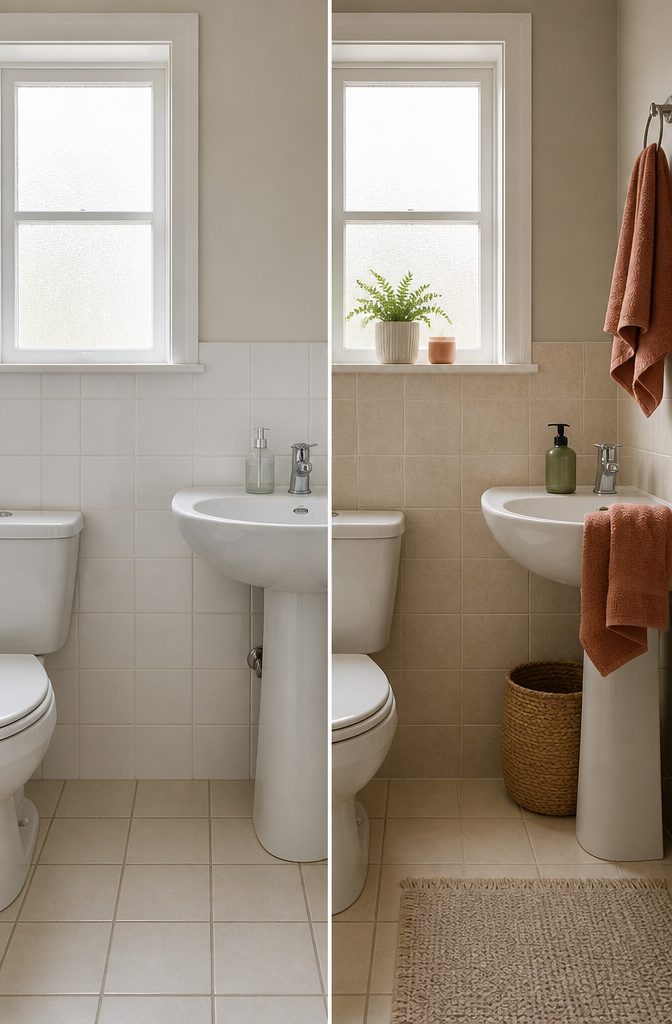 A rental bathroom showing a color palette of light grays and creams.