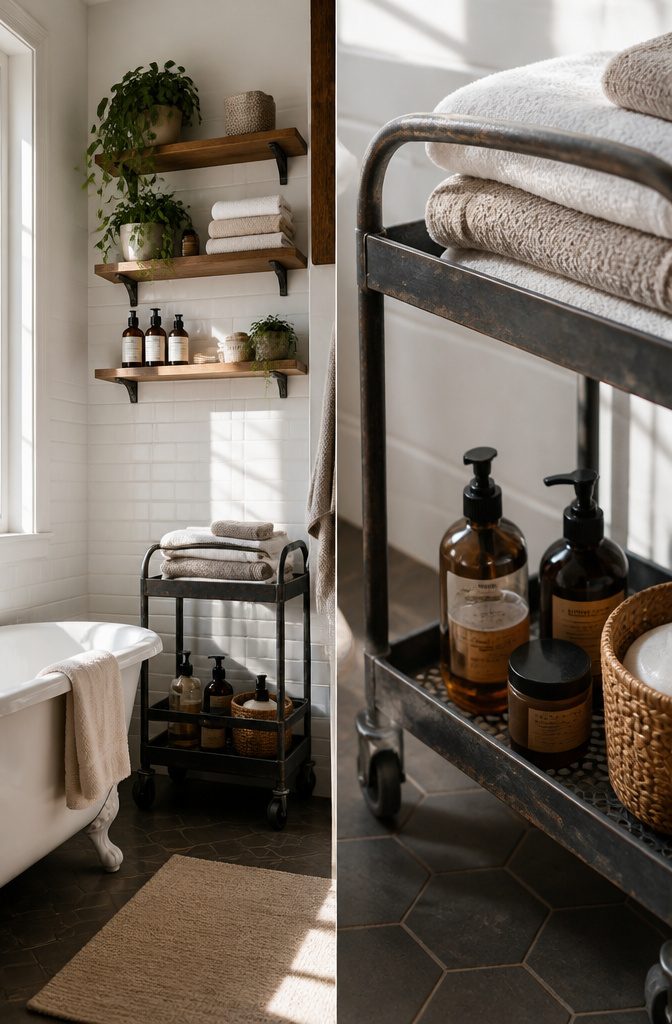 A rolling cart and wall-mounted shelves used for storage in a bathroom.
