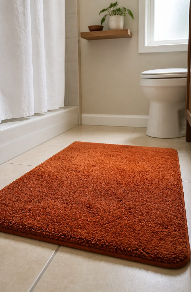 A rental bathroom featuring a bold patterned bath mat on the floor.