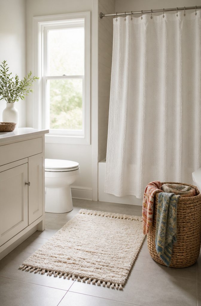 A rental bathroom with various textured towels and a shower curtain.